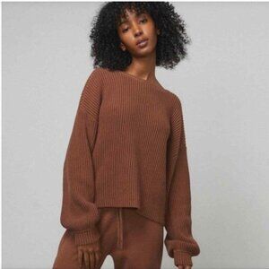 Lunya Prima Cozy Pullover Reversible Cotton Silk Sweater Walnut Brown